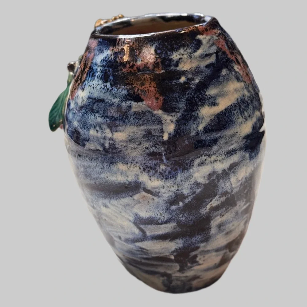 Handmade Vase Antique Reproduction Birds Berries Blue Brown Glazed Ceramic Decor